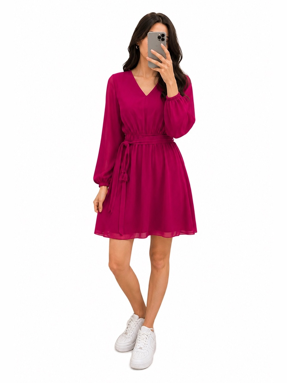Express Fuchsia V-Neck Long Sleeve A-Line Dress
